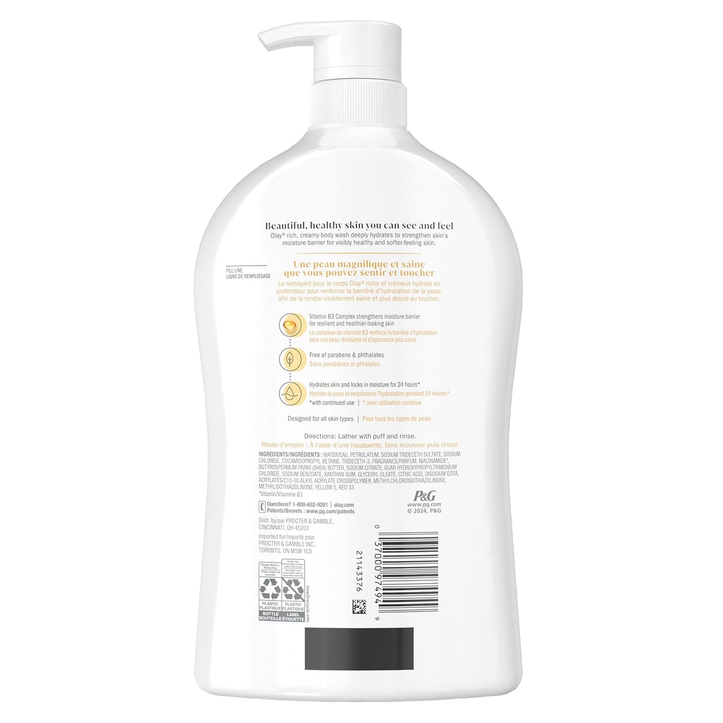 Olay Body Wash for Women, Ultra Moisture, 24hr Moisturizing, Hydrating & Refreshing, B3 Vitamin Complex, Free of Parabens & Phthalates, For All Skin Types, Shea Butter Scent, 33 fl oz