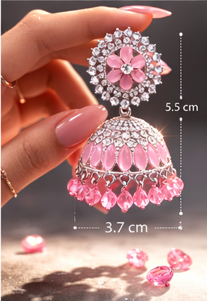 Pink Crystal Floral Jhumka Earrings for Women – Premium Silver Plated Party & Wedding Jewellery