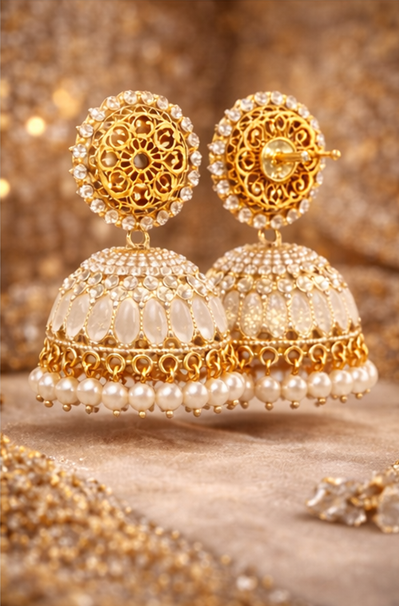 Luxury Gold Pearl Jhumka Earrings for Women | Bridal Traditional Designer Earrings