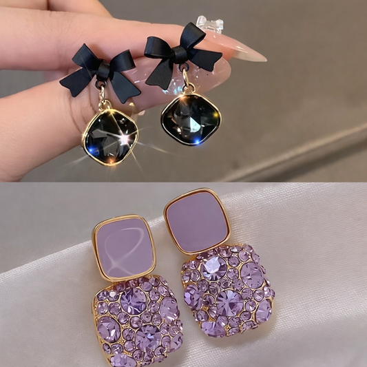 Black Crystal Bow Drop Earrings for Women – Luxury Gold Plated Party & Gift Jewellery