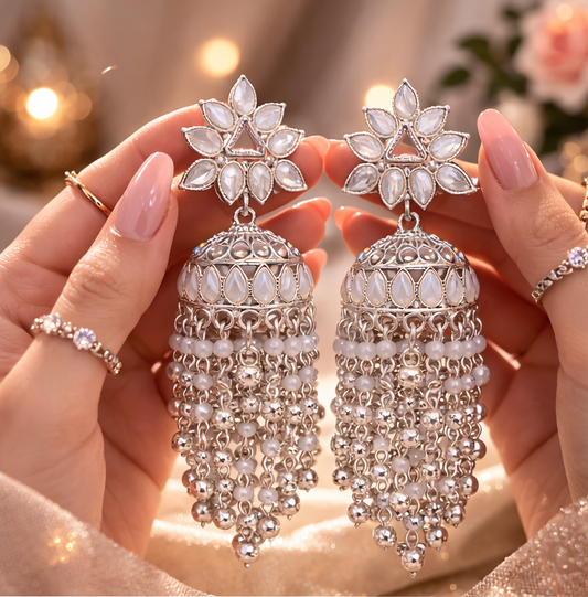 Luxury Silver Pearl Tassel Jhumka Earrings for Women | Bridal Long Designer Statement Earrings