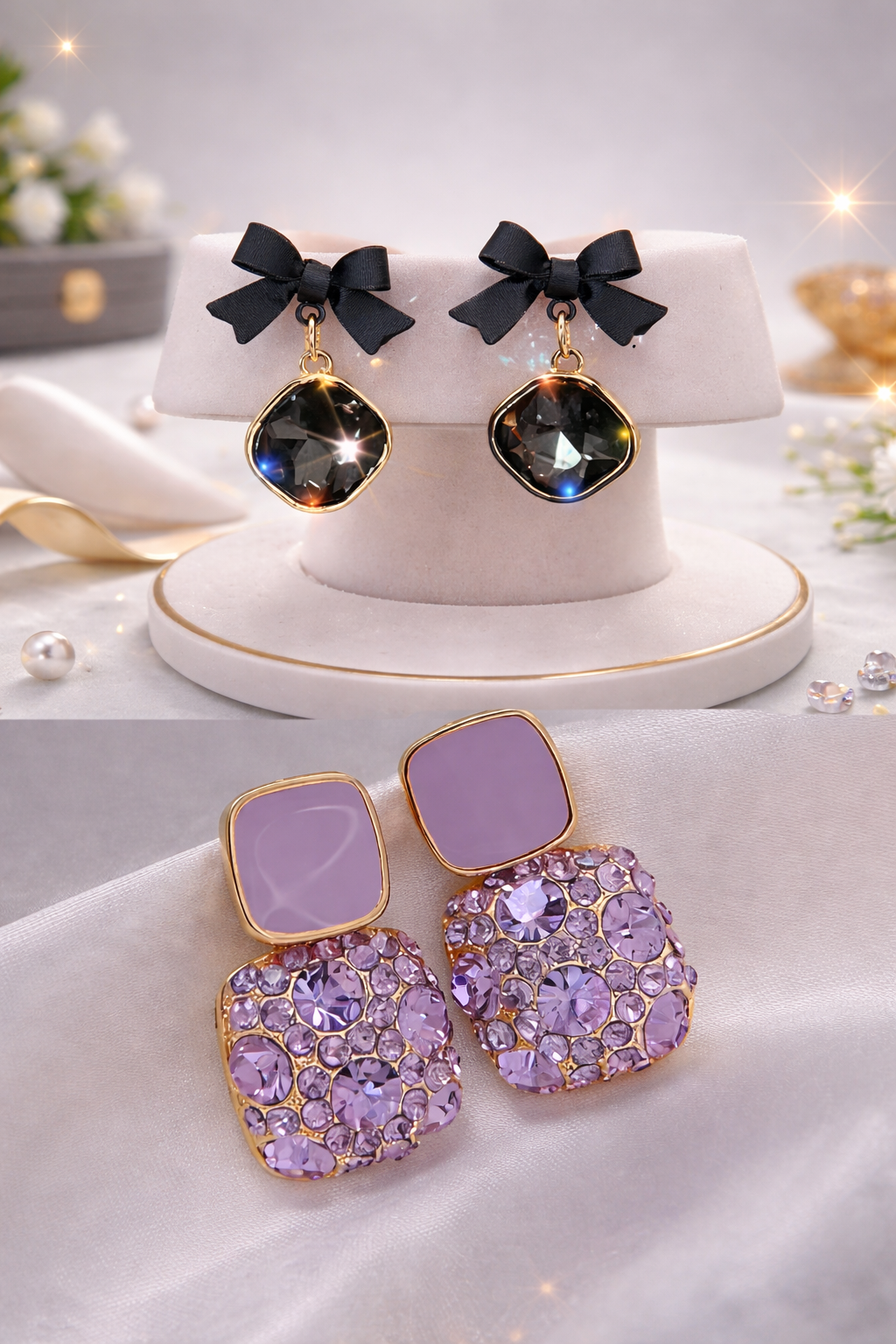 Black Crystal Bow Drop Earrings for Women – Luxury Gold Plated Party & Gift Jewellery