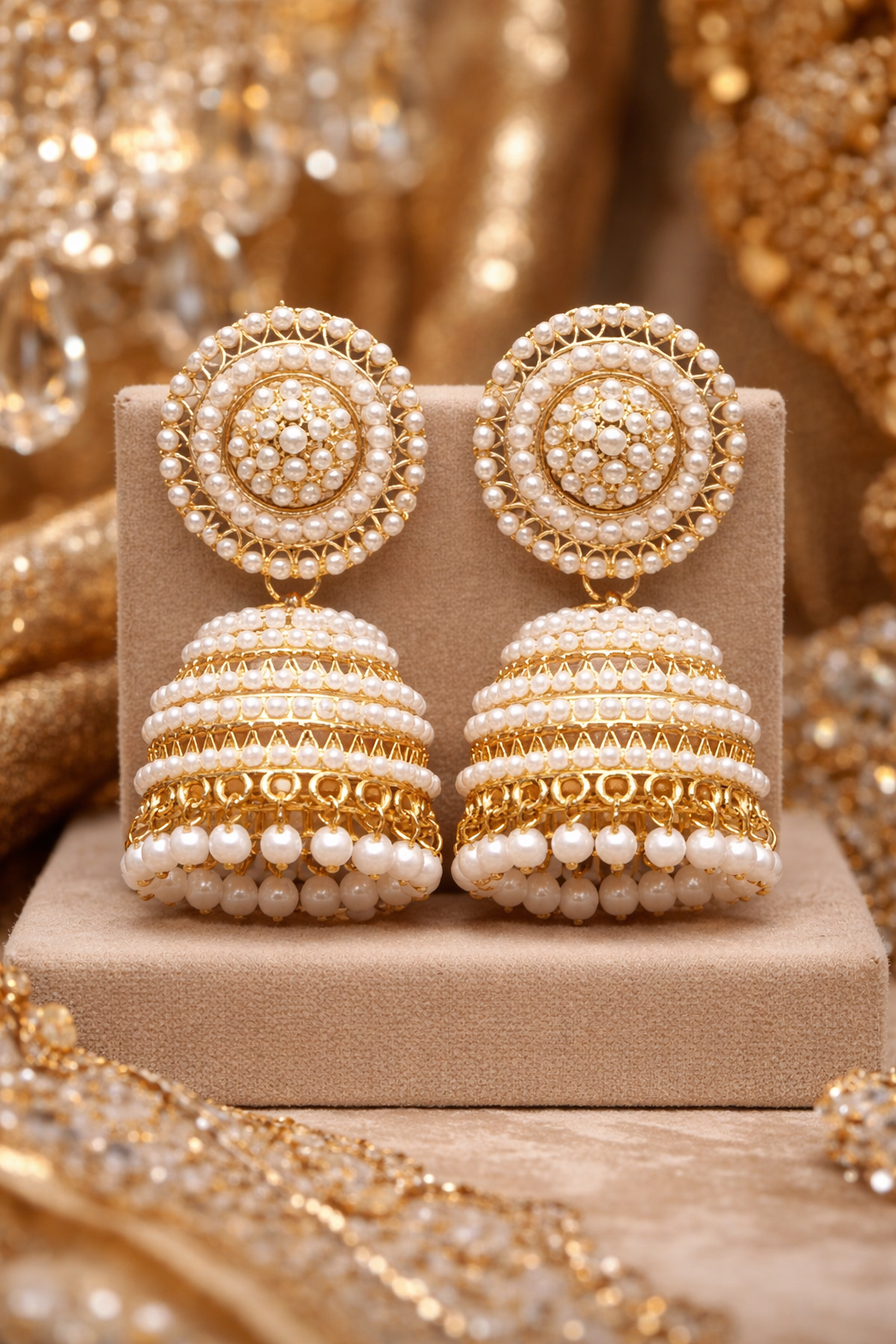 Luxury Gold Pearl Jhumka Earrings for Women | Bridal Traditional Designer Earrings