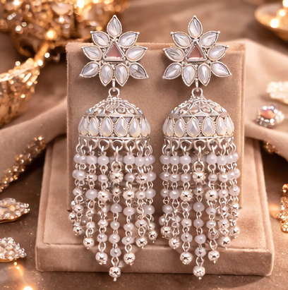 Luxury Silver Pearl Tassel Jhumka Earrings for Women | Bridal Long Designer Statement Earrings
