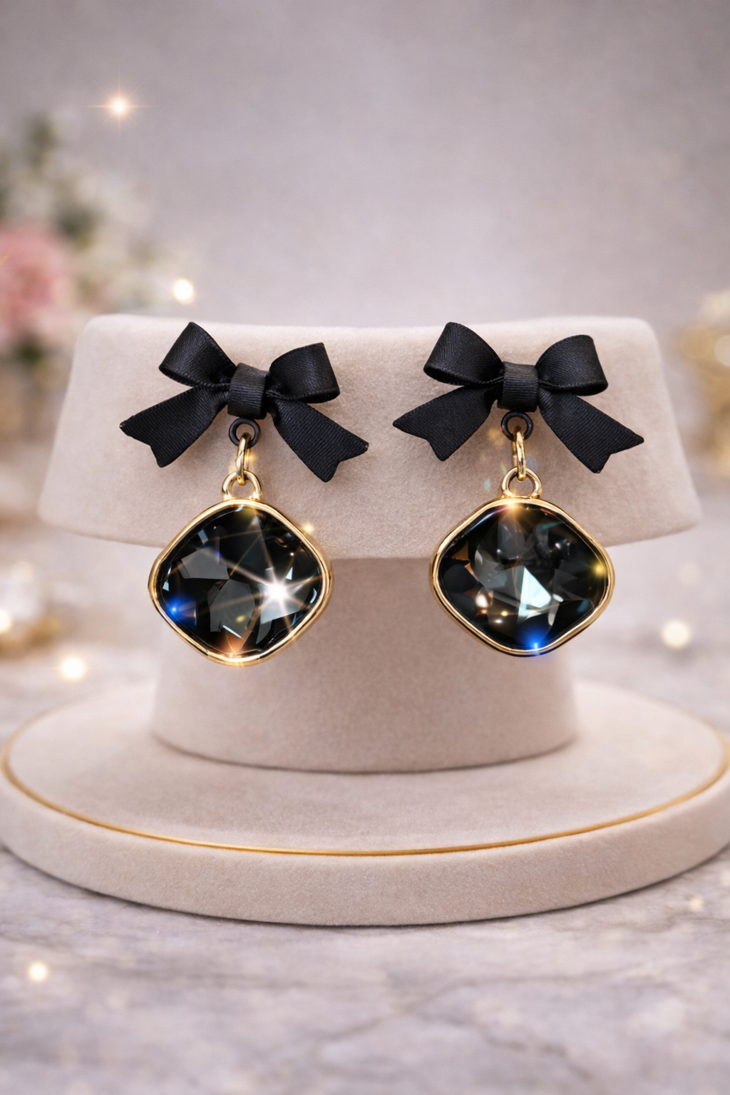 Black Crystal Bow Drop Earrings for Women – Luxury Gold Plated Party & Gift Jewellery