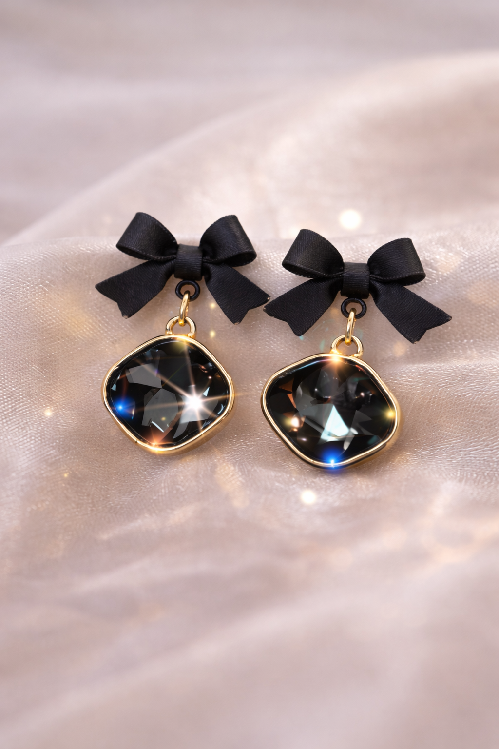 Black Crystal Bow Drop Earrings for Women – Luxury Gold Plated Party & Gift Jewellery