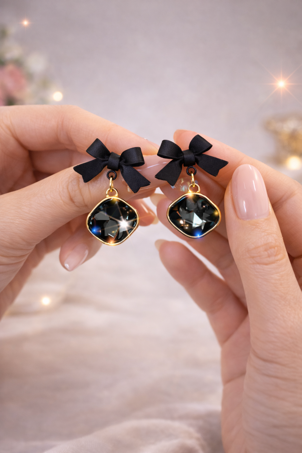 Black Crystal Bow Drop Earrings for Women – Luxury Gold Plated Party & Gift Jewellery