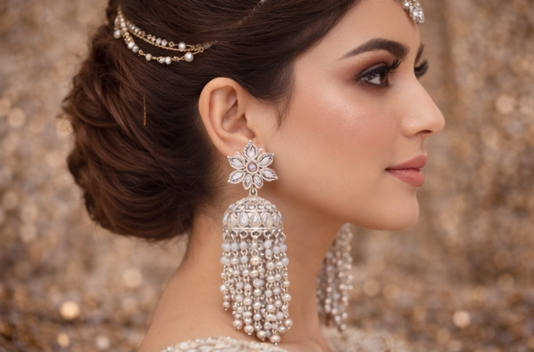 Luxury Silver Pearl Tassel Jhumka Earrings for Women | Bridal Long Designer Statement Earrings