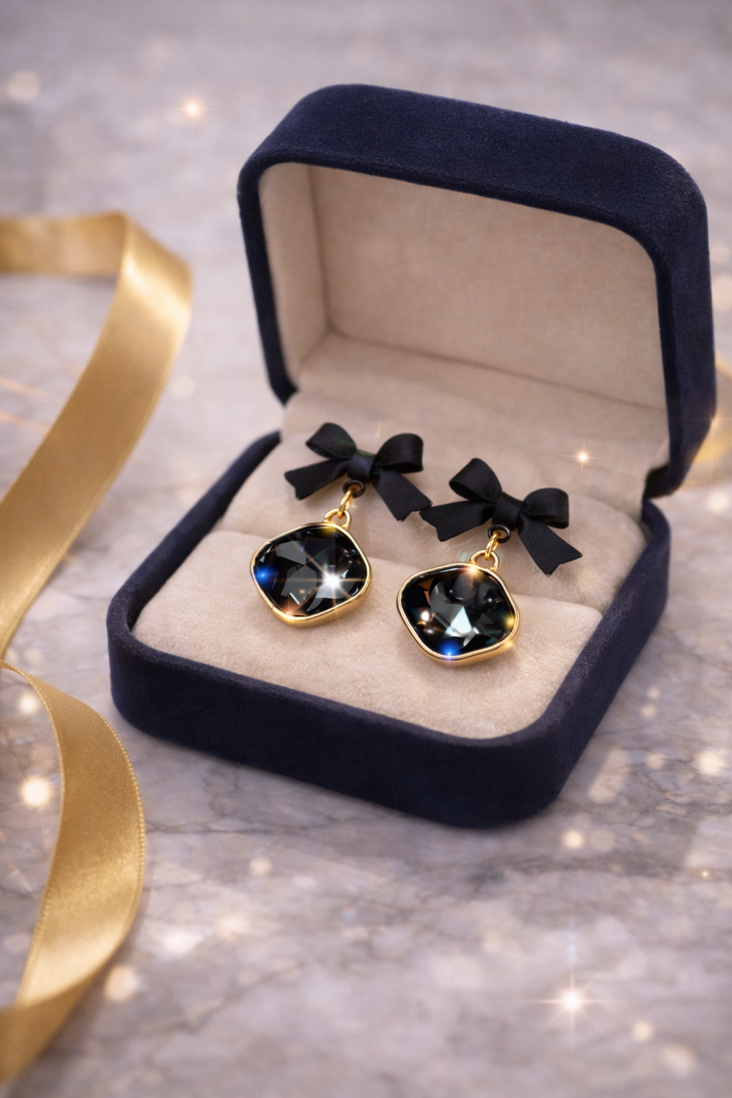 Black Crystal Bow Drop Earrings for Women – Luxury Gold Plated Party & Gift Jewellery