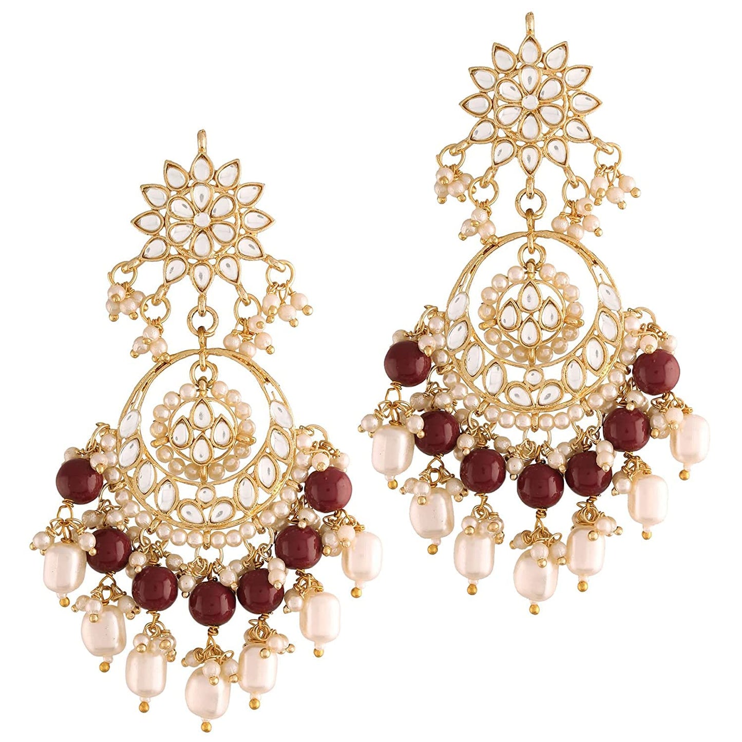 I Jewels Traditional Handcrafted Kundan & Pearl Chandbali Earrings for Women
