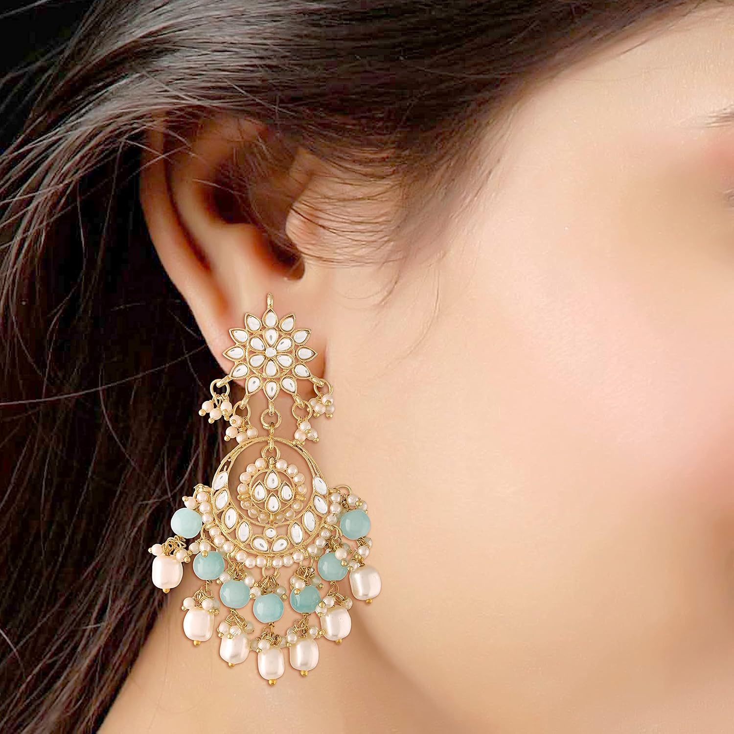 I Jewels Traditional Handcrafted Kundan & Pearl Chandbali Earrings for Women
