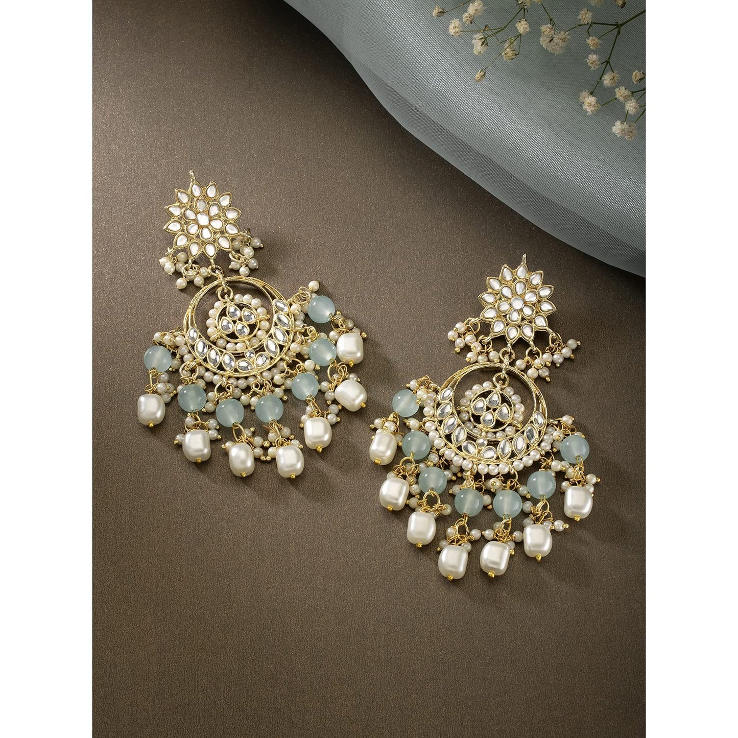 I Jewels Traditional Handcrafted Kundan & Pearl Chandbali Earrings for Women