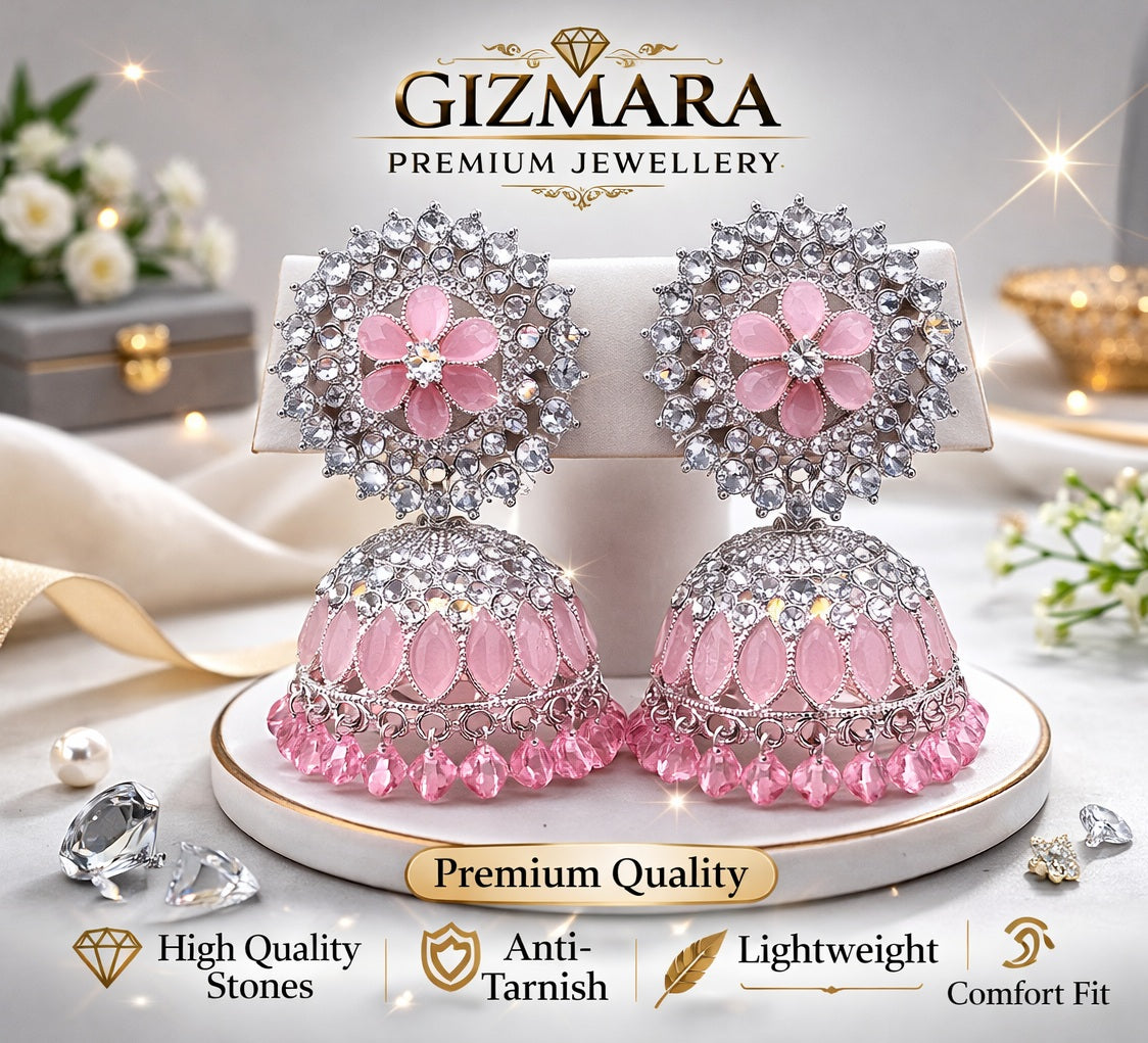 Pink Crystal Floral Jhumka Earrings for Women – Premium Silver Plated Party & Wedding Jewellery