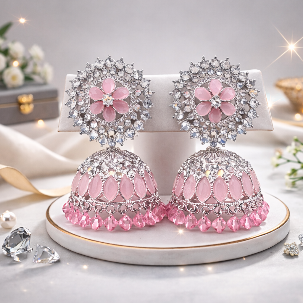 Pink Crystal Floral Jhumka Earrings for Women – Premium Silver Plated Party & Wedding Jewellery