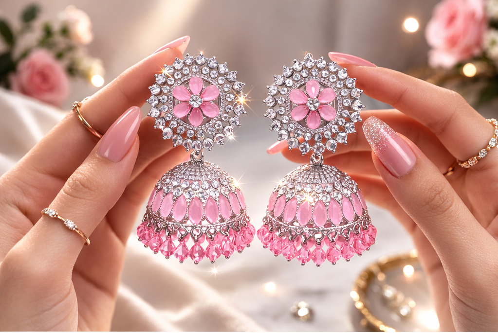 Pink Crystal Floral Jhumka Earrings for Women – Premium Silver Plated Party & Wedding Jewellery