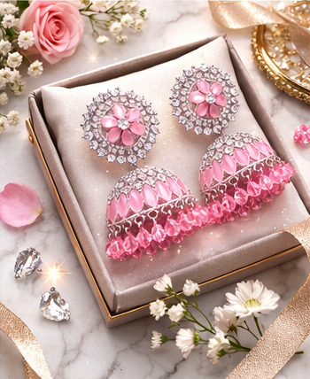 Pink Crystal Floral Jhumka Earrings for Women – Premium Silver Plated Party & Wedding Jewellery